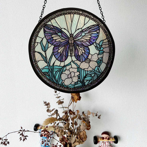 Butterfly Stained Glass Suncatcher, Floral Window Hanging, Tiffany Style Glass Panel, Nature Window Decor, Gift for Mom, Women, Garden Lover