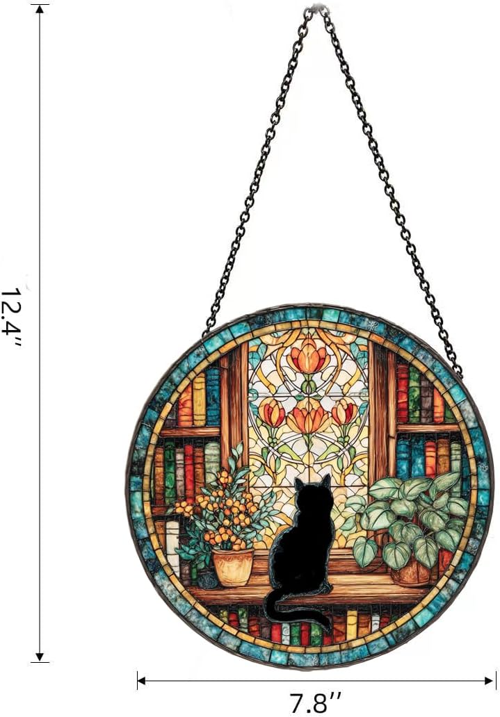 Cat Stained Glass Window Hanging,Black Cat & Bookshelf Sun Catchers for Indoor Window Hanging Decor 7.8x7.8in Book Stain Glass Suncatcher Gifts for Book Lovers Birthday Gift for Women Mom Grandma