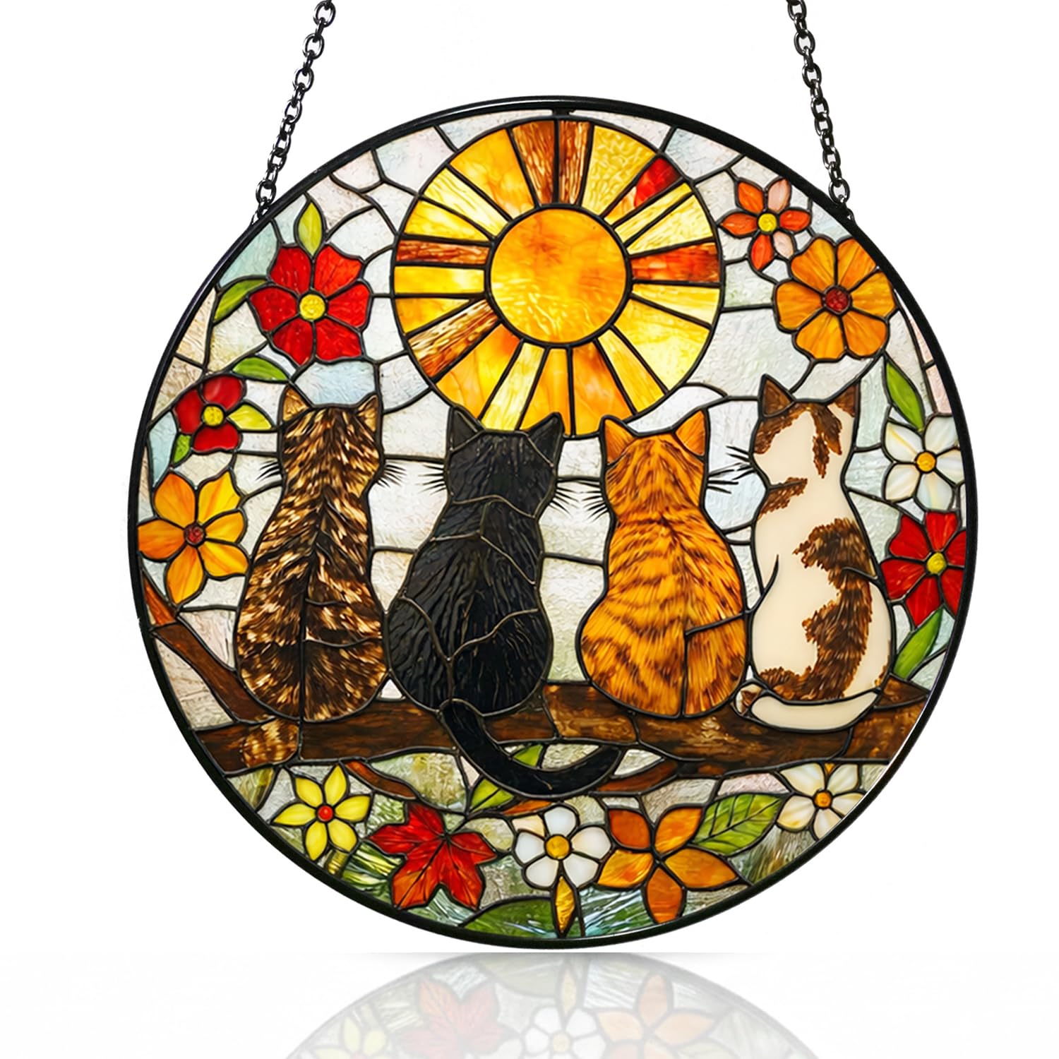 Cat Stained Glass Window Hanging,Black Cat & Bookshelf Sun Catchers for Indoor Window Hanging Decor 7.8x7.8in Book Stain Glass Suncatcher Gifts for Book Lovers Birthday Gift for Women Mom Grandma