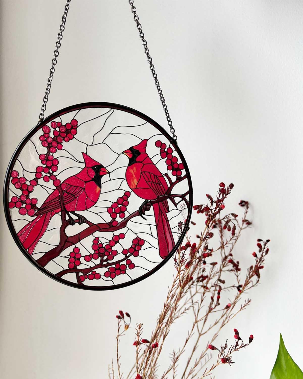 Cardinal Suncatcher, Christmas Suncatchers Bird Suncatchers for Windows 6 Inch Stained Glass Window Hanging for Bird Lover,Garden and Home Suncatcher Decor,Cardinal Gifts for Woman Christams Gifts