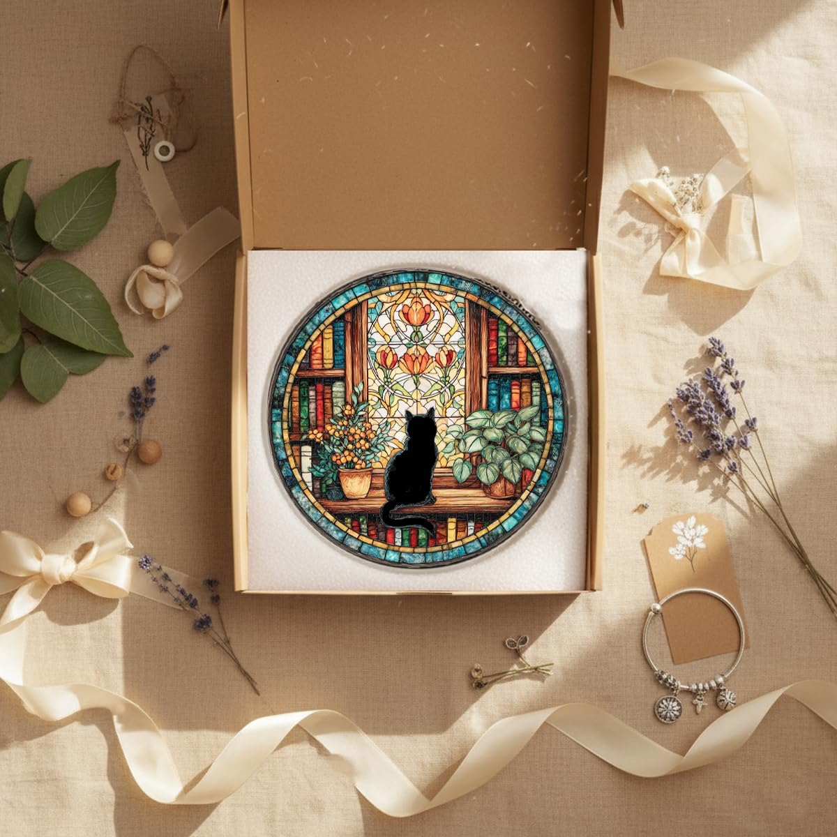 Cat Stained Glass Window Hanging,Black Cat & Bookshelf Sun Catchers for Indoor Window Hanging Decor 7.8x7.8in Book Stain Glass Suncatcher Gifts for Book Lovers Birthday Gift for Women Mom Grandma