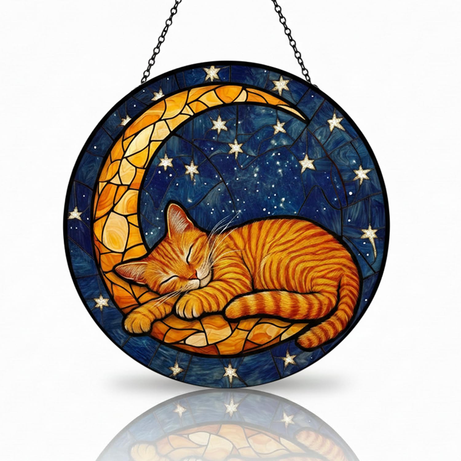 Cat Stained Glass Window Hanging,Black Cat & Bookshelf Sun Catchers for Indoor Window Hanging Decor 7.8x7.8in Book Stain Glass Suncatcher Gifts for Book Lovers Birthday Gift for Women Mom Grandma