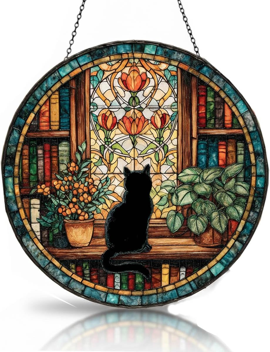 Cat Stained Glass Window Hanging,Black Cat & Bookshelf Sun Catchers for Indoor Window Hanging Decor 7.8x7.8in Book Stain Glass Suncatcher Gifts for Book Lovers Birthday Gift for Women Mom Grandma