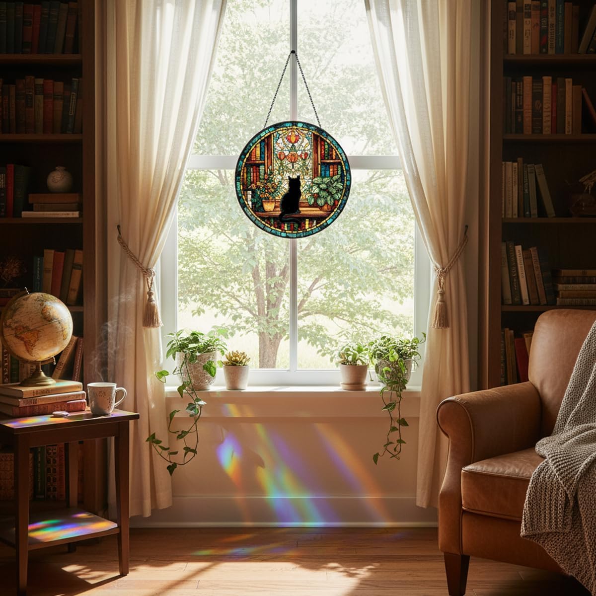 Cat Stained Glass Window Hanging,Black Cat & Bookshelf Sun Catchers for Indoor Window Hanging Decor 7.8x7.8in Book Stain Glass Suncatcher Gifts for Book Lovers Birthday Gift for Women Mom Grandma