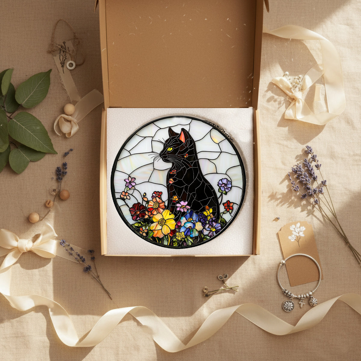 Cat Suncatcher,7.8 in Stained Glass Window Hanging for Home and Garden Decor Black Cat Stained Glass Suncatcher Gift for Woman Mom Garden Sun Catchers Indoor Window Gifts