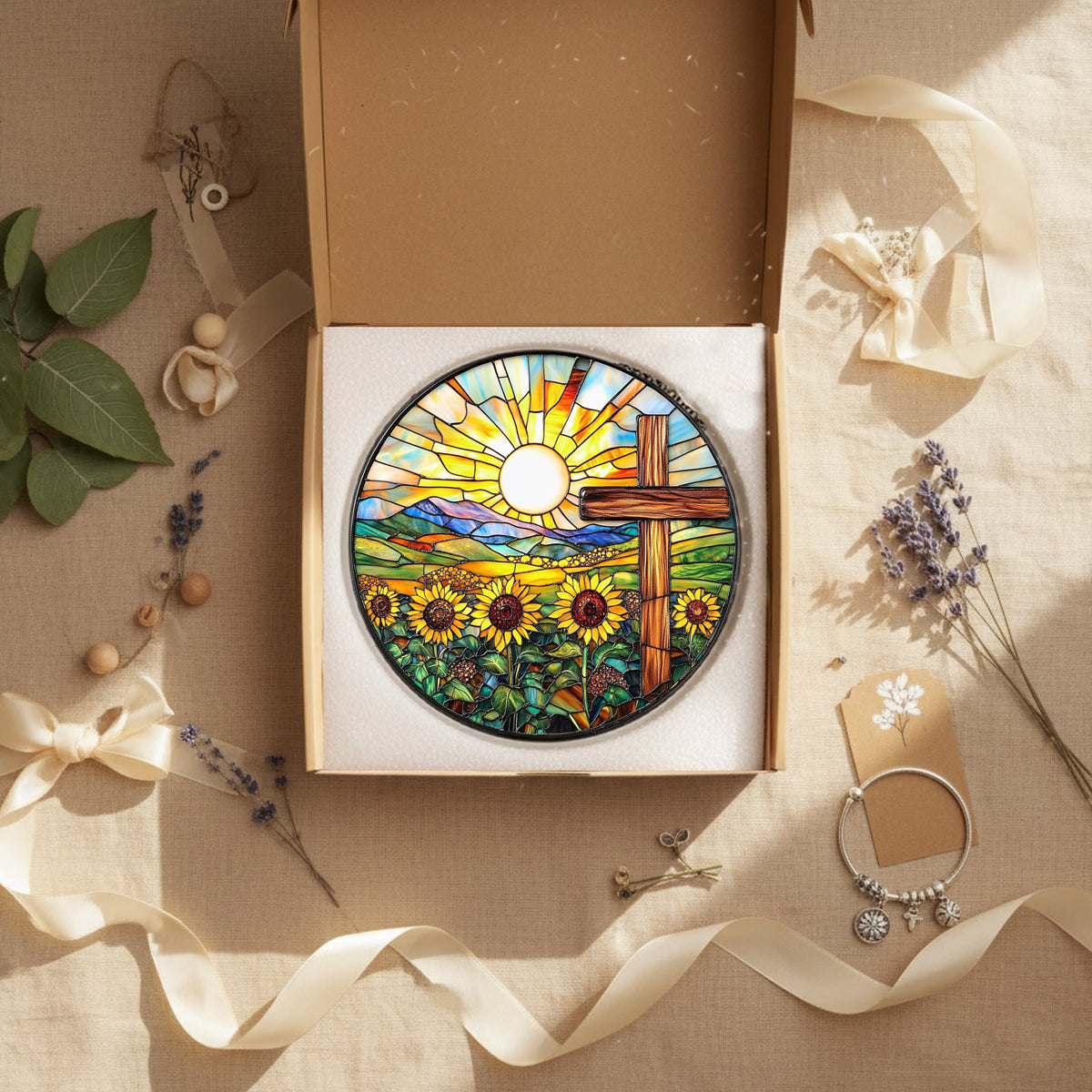 Cross and Sunflower Stained Glass Window Hanging Religious Gifts for Women 7.8 Inch Christian Stained Glass Suncatcher for Garden Decor Easter Decor Religious Sun Catchers