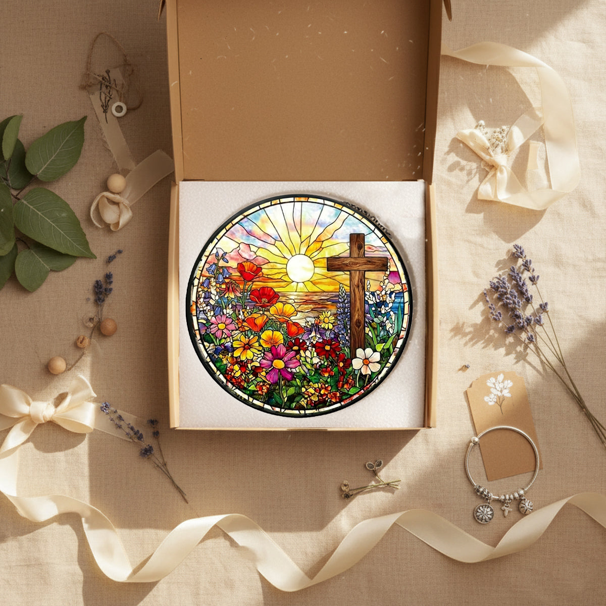 Cross and Flowers Suncatchers for Windows Hanging,7.8 inch Stain Glass Window Hanging Christian Gifts for Women, Sun Catchers Indoor Window Decor,Catholic Religious Gifts for Mom