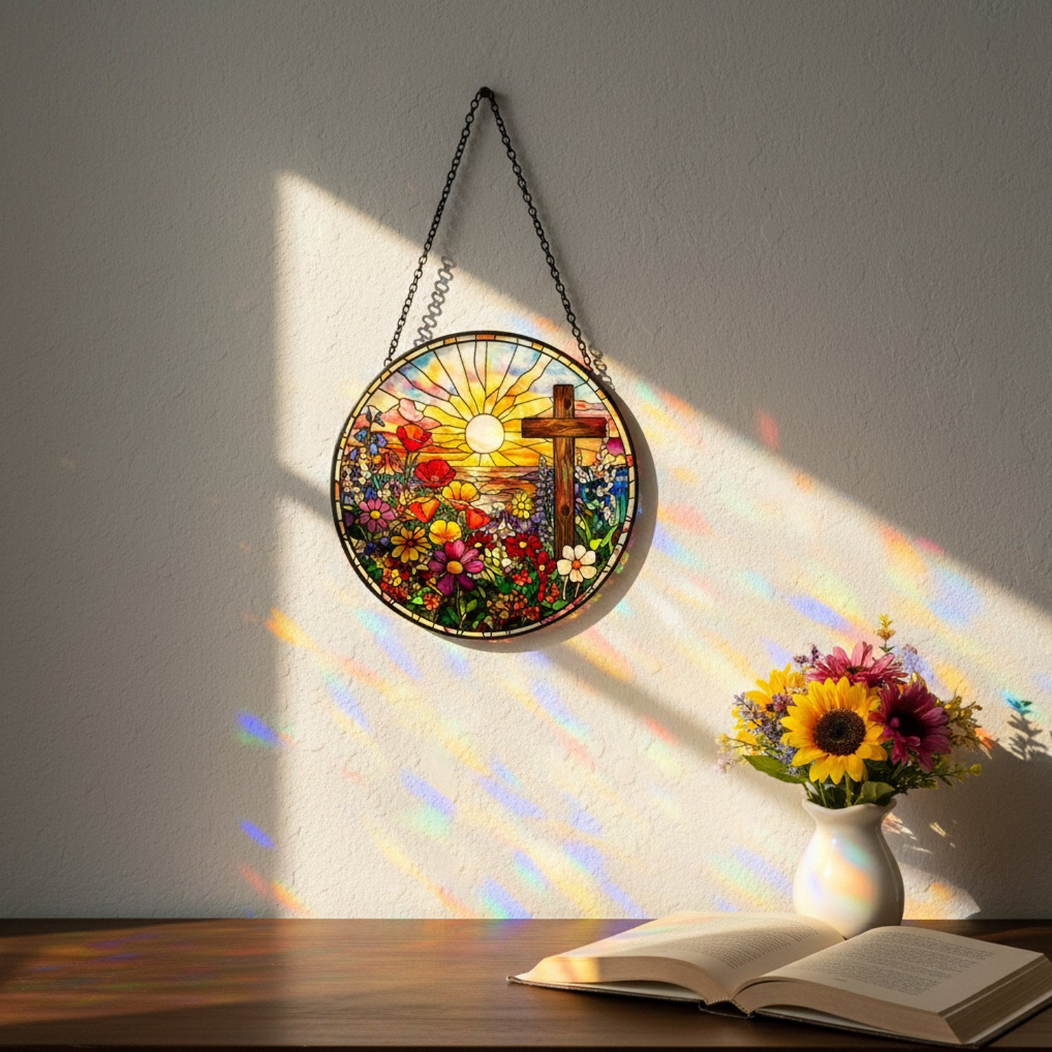 Cross and Flowers Suncatchers for Windows Hanging,7.8 inch Stain Glass Window Hanging Christian Gifts for Women, Sun Catchers Indoor Window Decor,Catholic Religious Gifts for Mom