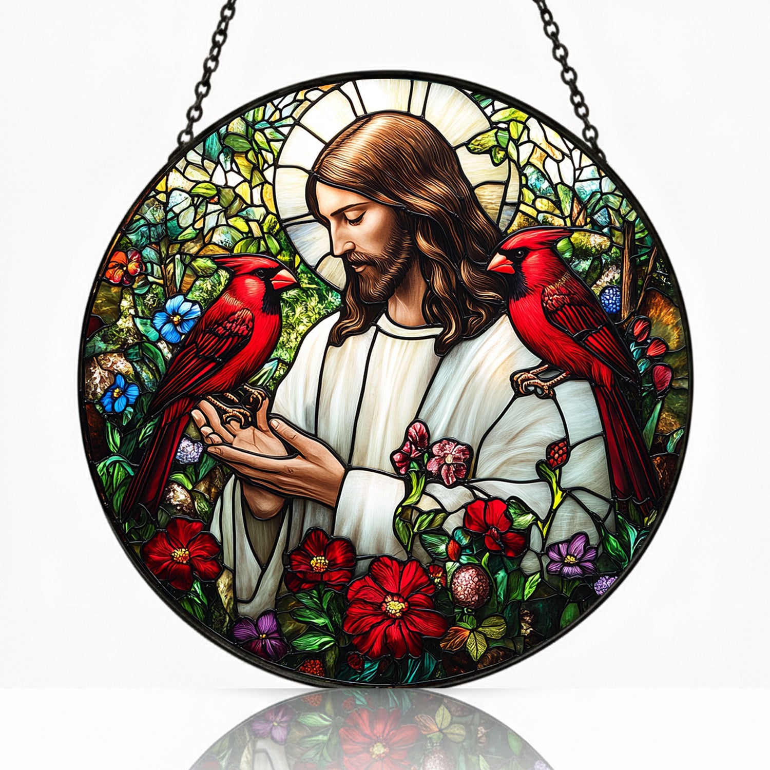 Cardinal Stained Glass Window Hanging, 7.8 Inch Cardinal and California Poppy Flower Stained Glass Suncatchers for Windows Hanging Garden Suncatchers Gift for Woman Mom Grandmather