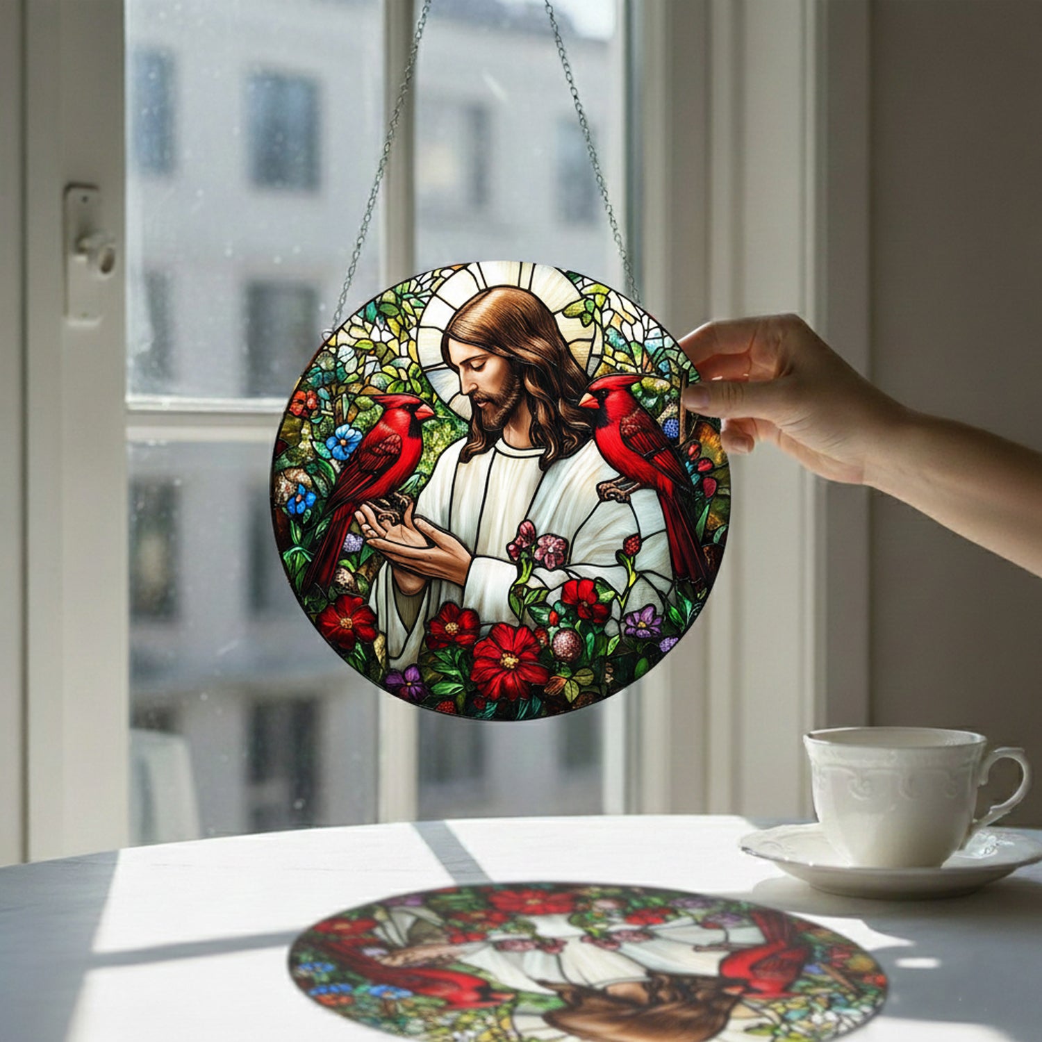 Cardinal Stained Glass Window Hanging, 7.8 Inch Cardinal and California Poppy Flower Stained Glass Suncatchers for Windows Hanging Garden Suncatchers Gift for Woman Mom Grandmather