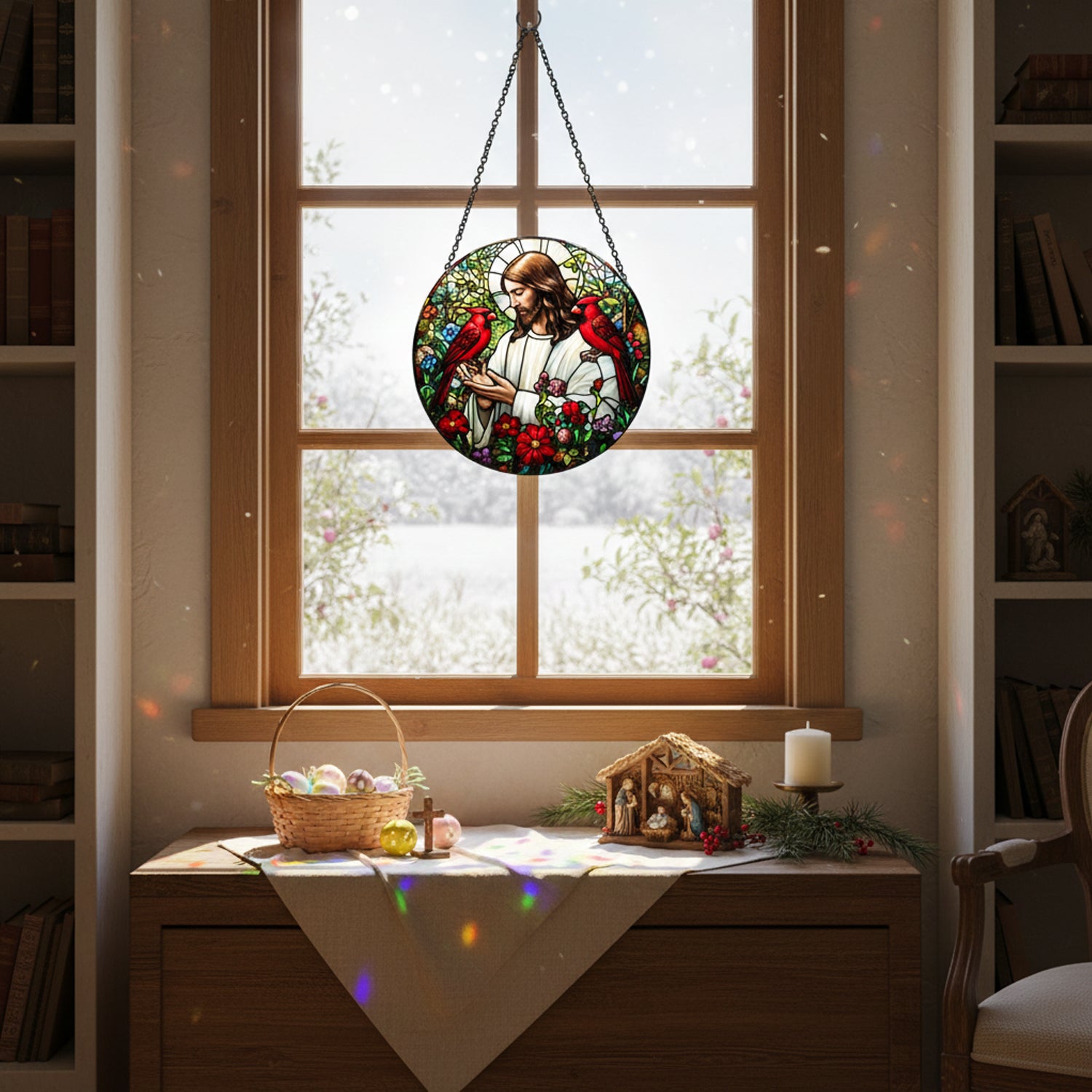 Cardinal Stained Glass Window Hanging, 7.8 Inch Cardinal and California Poppy Flower Stained Glass Suncatchers for Windows Hanging Garden Suncatchers Gift for Woman Mom Grandmather