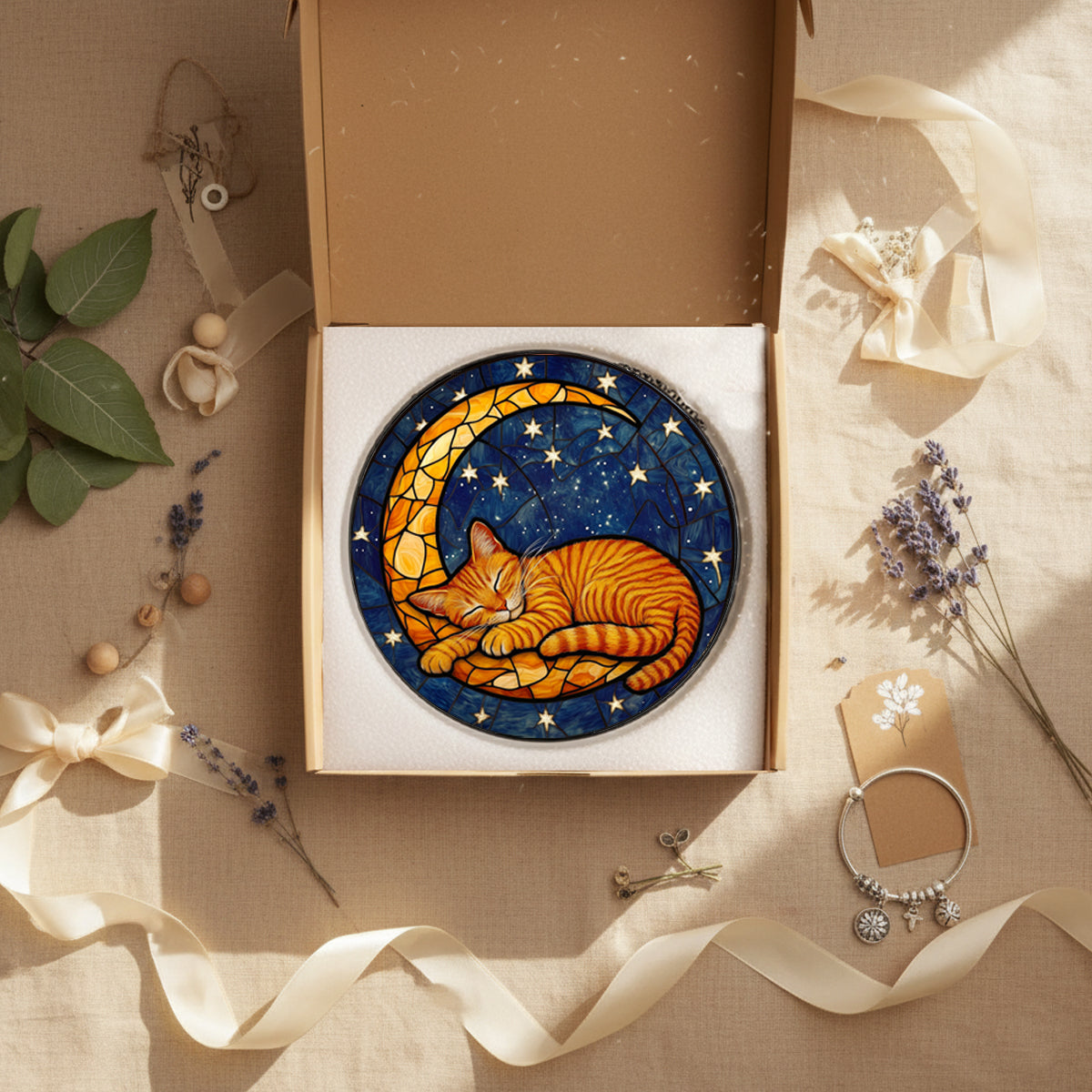 Cat Suncatcher, Orange Cat with Moon Sun Catchers Indoor Window Decor,7.8 inch Stained Glass Window Hanging Cat Stained Glass Suncatcher Gift for Woman Mom Grandmother