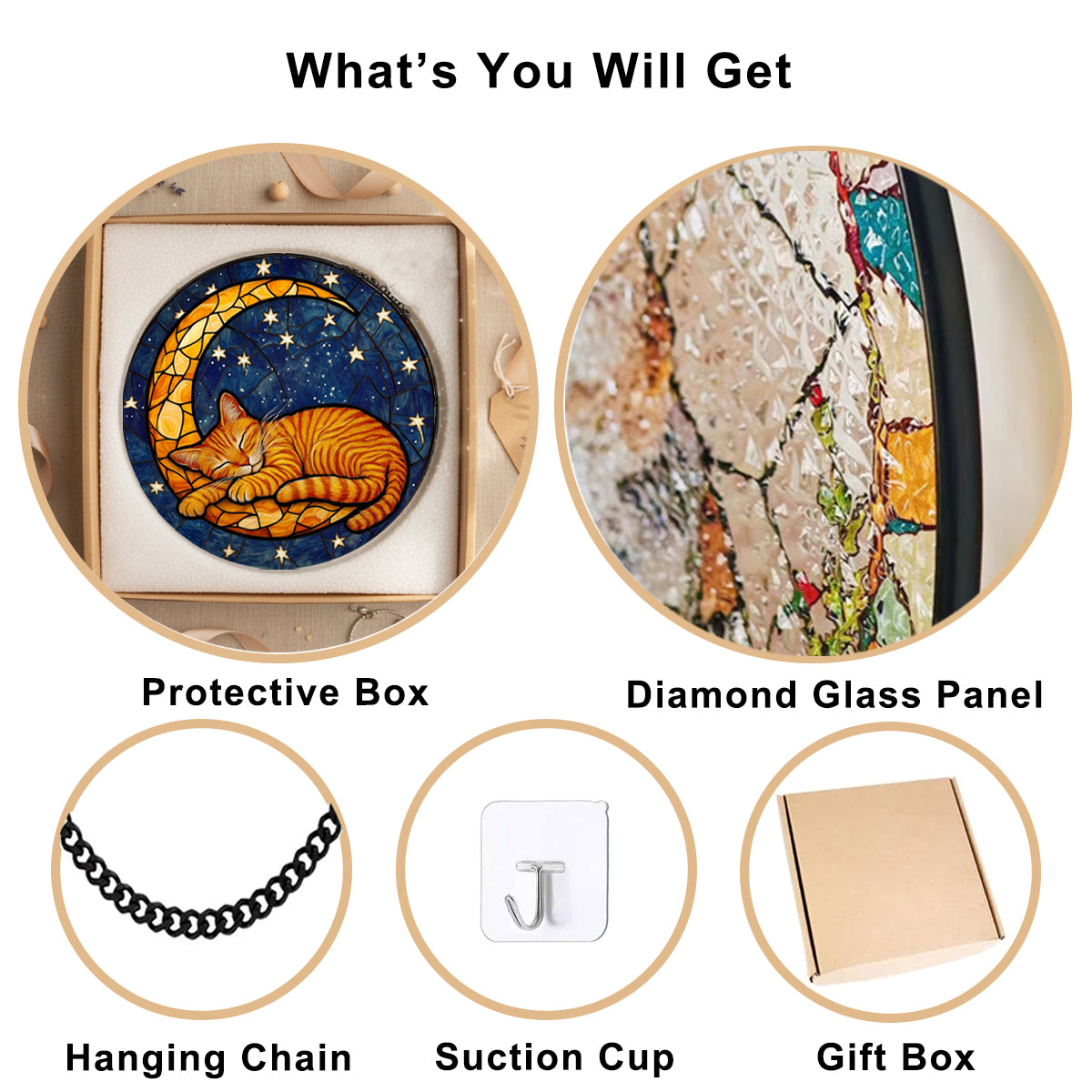 Cat Suncatcher, Orange Cat with Moon Sun Catchers Indoor Window Decor,7.8 inch Stained Glass Window Hanging Cat Stained Glass Suncatcher Gift for Woman Mom Grandmother