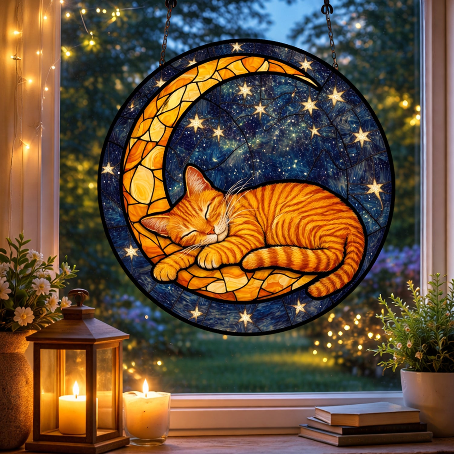 Cat Suncatcher, Orange Cat with Moon Sun Catchers Indoor Window Decor,7.8 inch Stained Glass Window Hanging Cat Stained Glass Suncatcher Gift for Woman Mom Grandmother