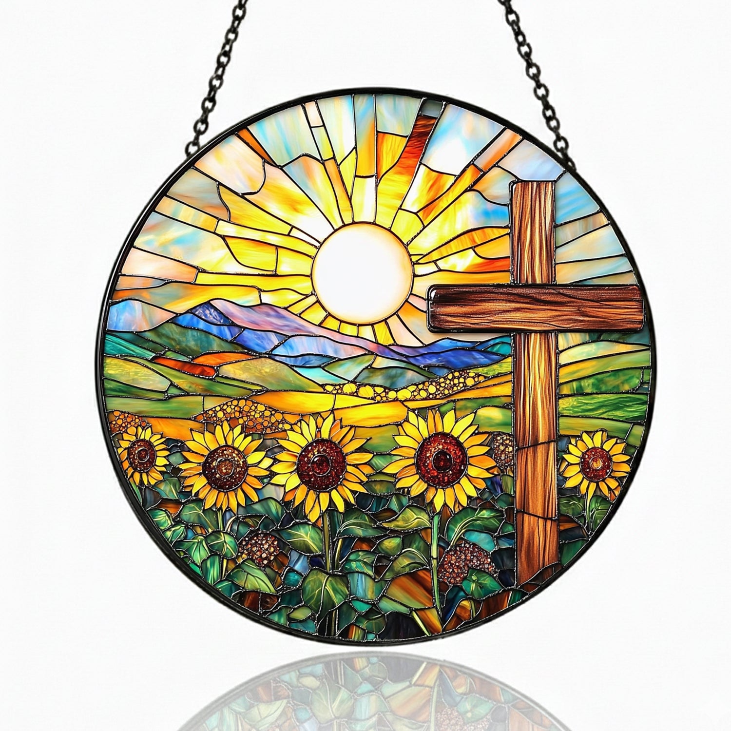 Cross and Sunflower Stained Glass Window Hanging Religious Gifts for Women 7.8 Inch Christian Stained Glass Suncatcher for Garden Decor Easter Decor Religious Sun Catchers