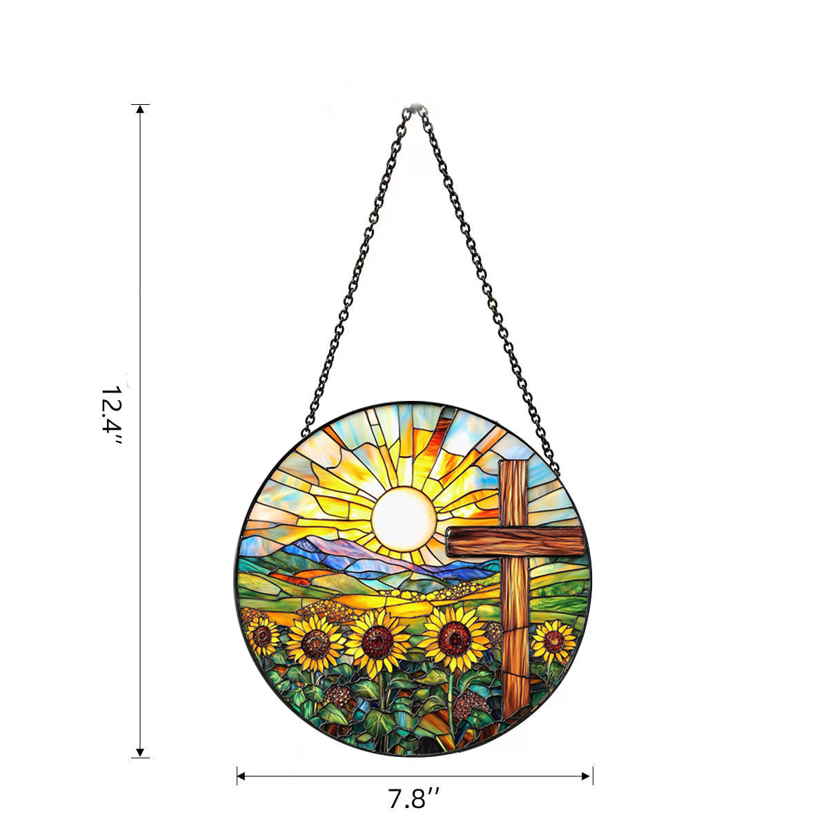 Cross and Sunflower Stained Glass Window Hanging Religious Gifts for Women 7.8 Inch Christian Stained Glass Suncatcher for Garden Decor Easter Decor Religious Sun Catchers