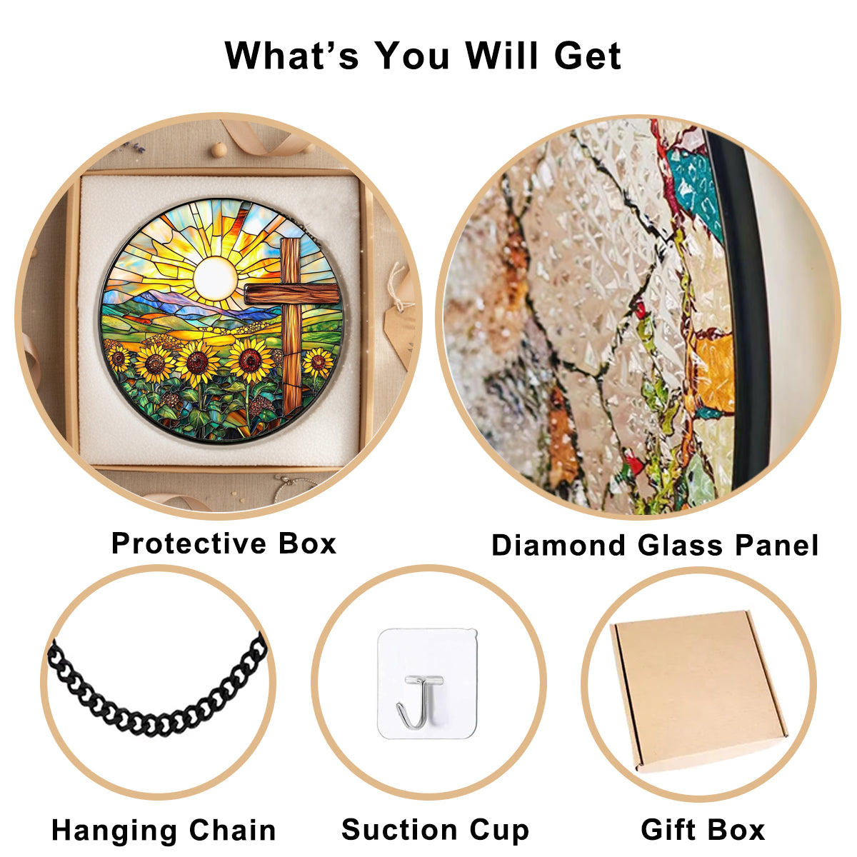 Cross and Sunflower Stained Glass Window Hanging Religious Gifts for Women 7.8 Inch Christian Stained Glass Suncatcher for Garden Decor Easter Decor Religious Sun Catchers